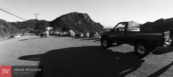 My 1994 Toyota 4x4 Truck on Kanan Rd. in Malibu. Photo by Jonah Weiland, shot on a Widelux F7.