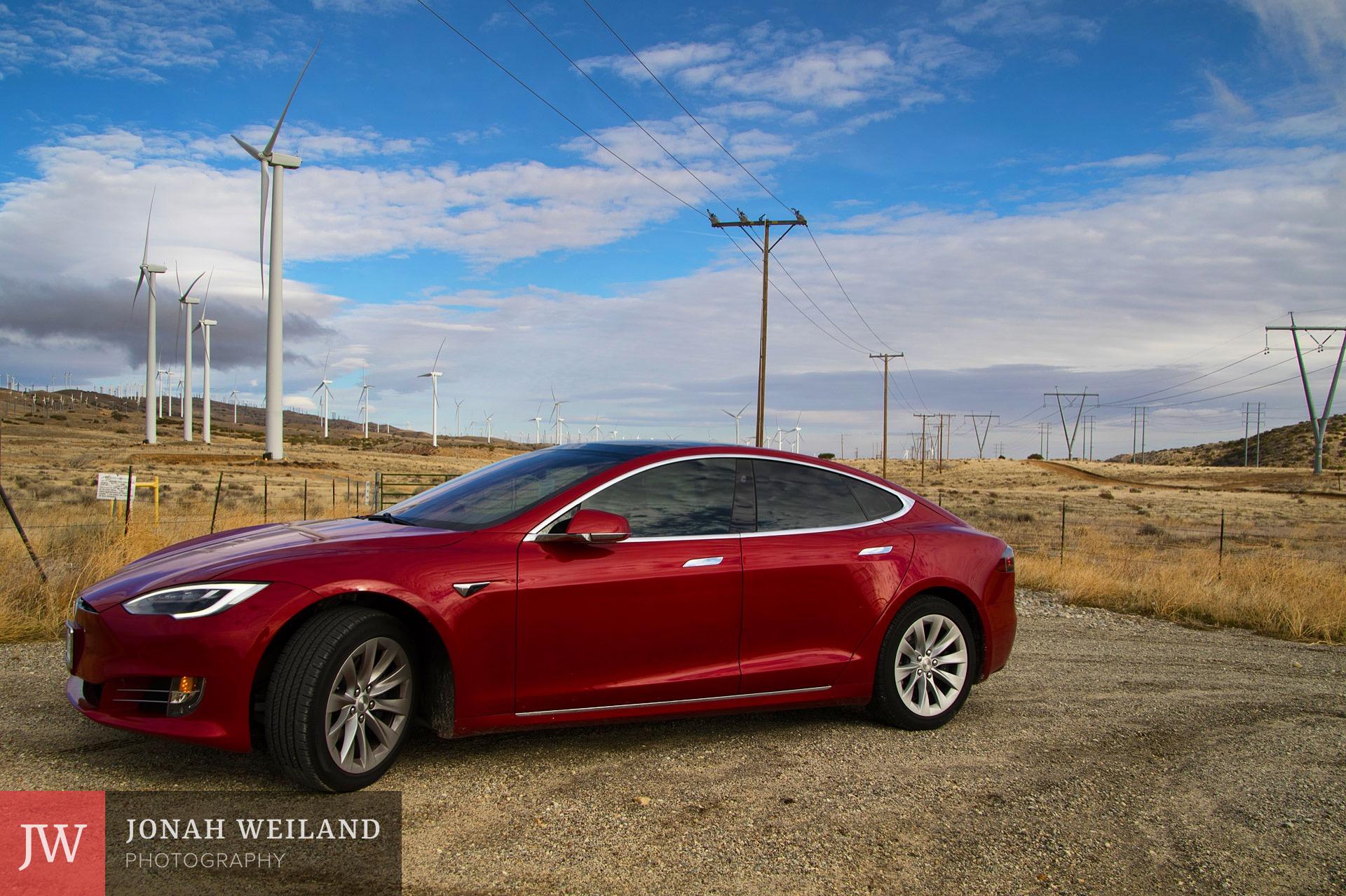 My Tesla Model S 75 at the Tehachapi Windfarm in Mojave, California. Taken with a Canon 7D Mark 2.