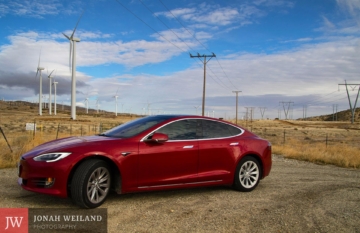 My Tesla Model S 75 at the Tehachapi Windfarm in Mojave, California. Taken with a Canon 7D Mark 2.